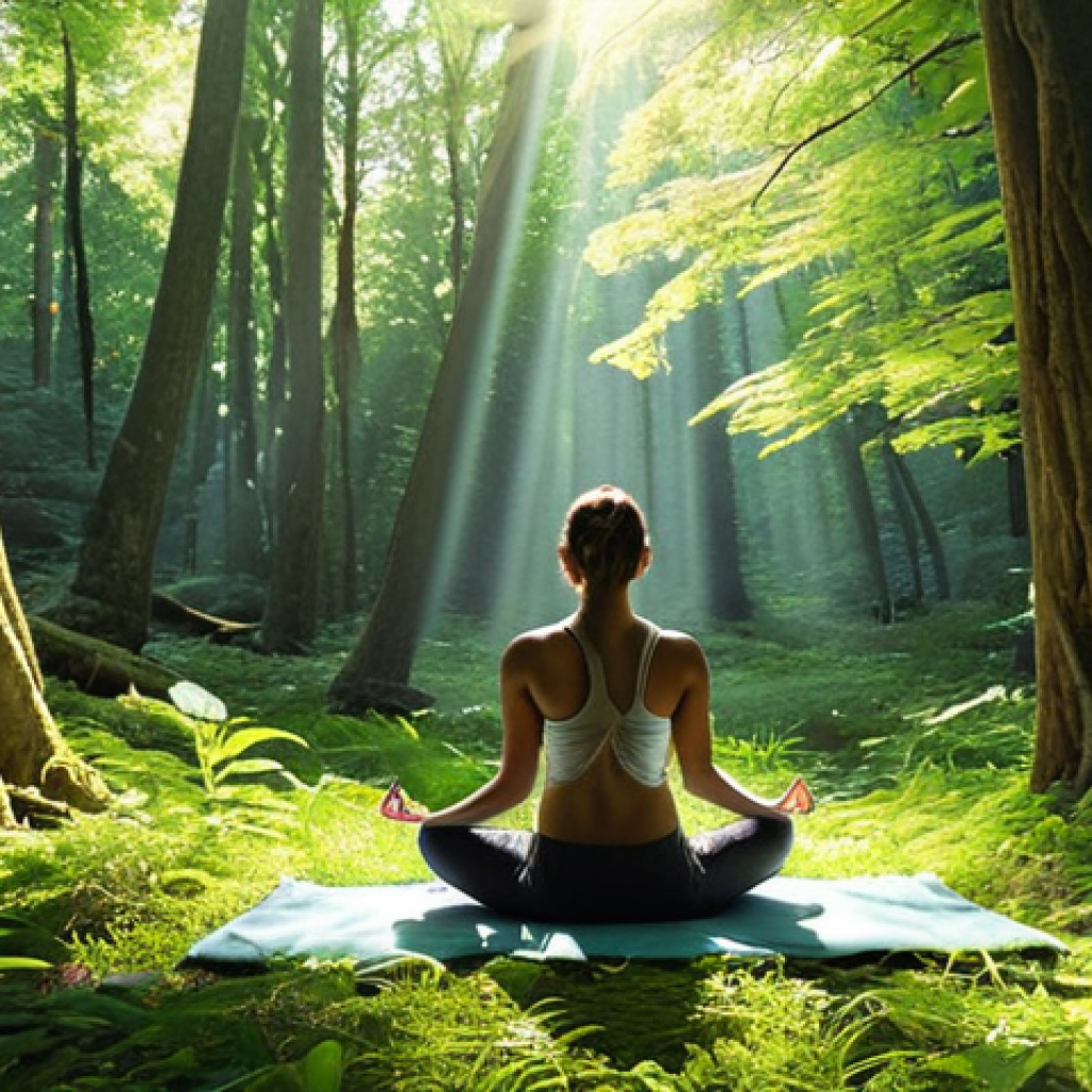 **

A serene natural landscape. Lush green forest, with sunlight filtering through the trees. A woman is peacefully meditating, surrounded by nature. Emphasize tranquility and escape from technology.

**