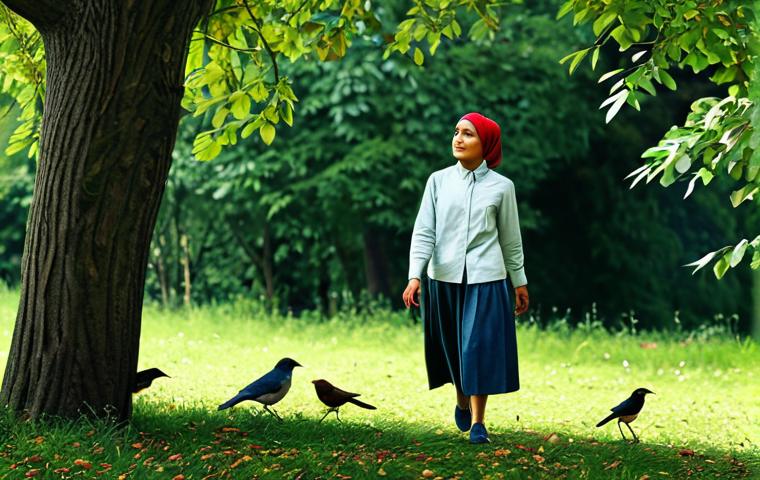 A woman in modest, comfortable clothes walks in nature, enjoying the sounds of birds and feeling the leaves on the trees, safe for work, appropriate content, fully clothed, professional, perfect anatomy, natural proportions, high quality.