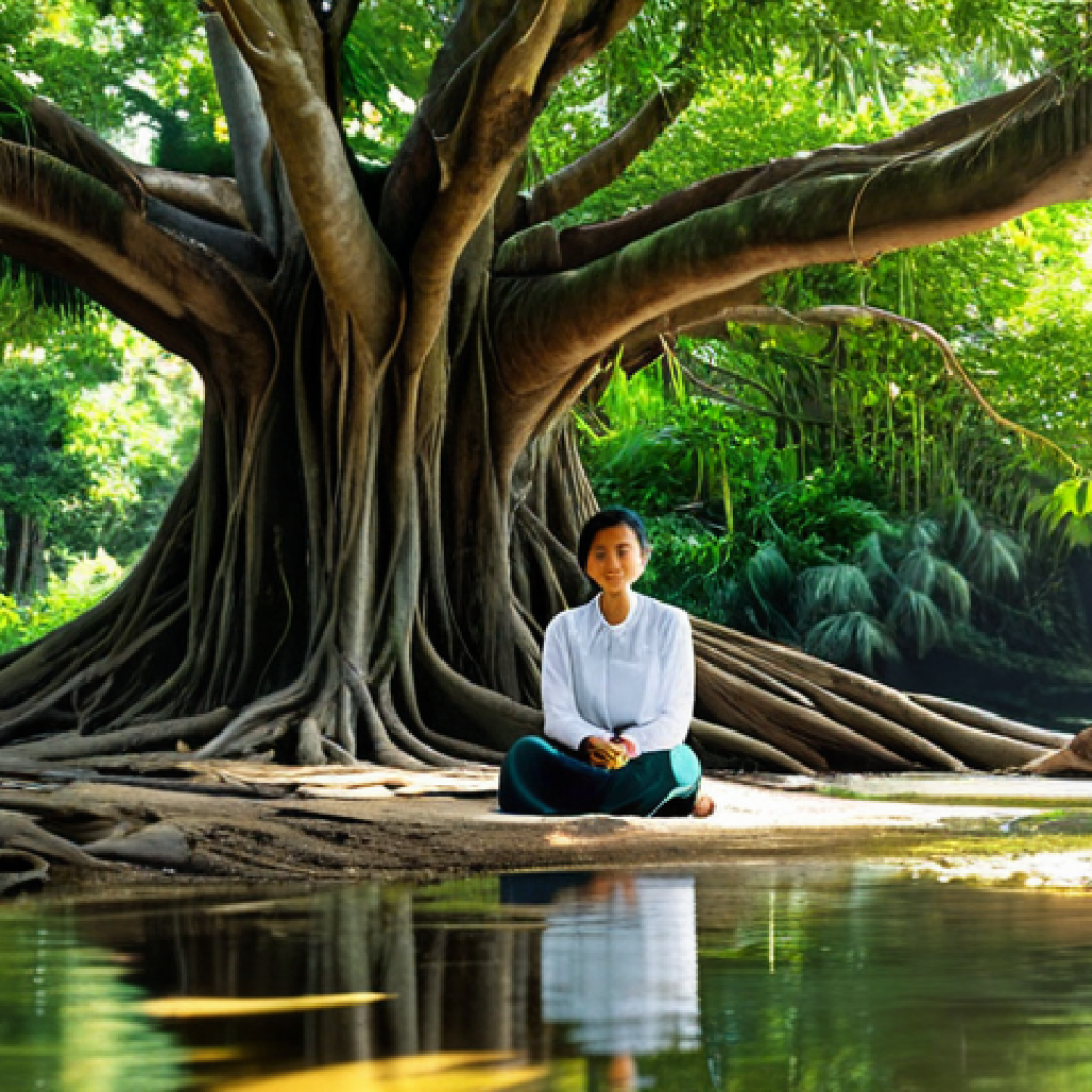Tranquility in Nature**

A woman in modest clothing sitting peacefully beneath a large banyan tree, surrounded by lush greenery, a clear stream flowing nearby, sunlight filtering through the leaves, creating a serene and calming atmosphere, fully clothed, appropriate attire, safe for work, perfect anatomy, natural proportions, professional photography, high quality, family-friendly.

**