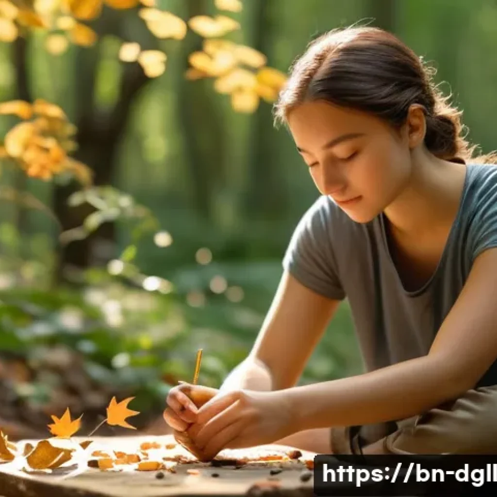 디지털 디톡스 캠프에서의 창의적 표현 활동 - **Prompt:** A serene, sun-dappled forest clearing. A young woman, approximately 18-22 years old, wit...