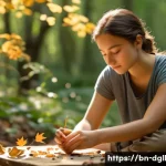 디지털 디톡스 캠프에서의 창의적 표현 활동 - **Prompt:** A serene, sun-dappled forest clearing. A young woman, approximately 18-22 years old, wit...