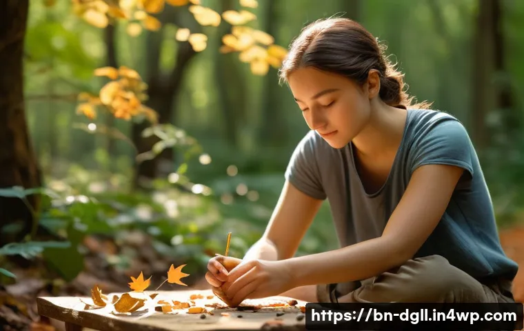 디지털 디톡스 캠프에서의 창의적 표현 활동 - **Prompt:** A serene, sun-dappled forest clearing. A young woman, approximately 18-22 years old, wit...