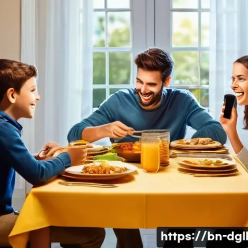 디지털 디톡스 캠프 디지털 기기 사용 제한 - **Prompt 1: Digital Distraction to Heartfelt Connection**
    "A cozy, brightly lit dining room with...