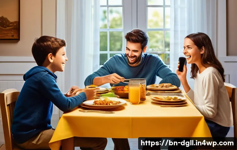 디지털 디톡스 캠프 디지털 기기 사용 제한 - **Prompt 1: Digital Distraction to Heartfelt Connection**
    "A cozy, brightly lit dining room with...