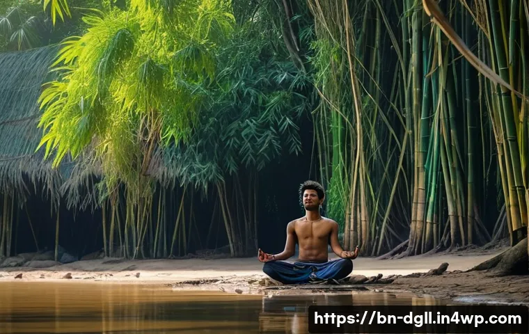 디지털 디톡스 캠프의 장기적 효과 분석 - A serene digital detox camp setting in rural Bangladesh, featuring a young adult sitting peacefully ...
