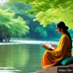 Home 21 디지털 디톡스 캠프와 관련된 추천 도서 - A serene outdoor scene featuring a Bengali person sitting peacefully by a riverside in a lush green ...