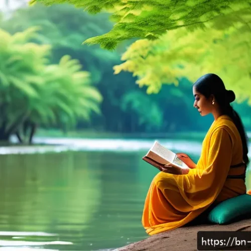Home 33 디지털 디톡스 캠프와 관련된 추천 도서 - A serene outdoor scene featuring a Bengali person sitting peacefully by a riverside in a lush green ...