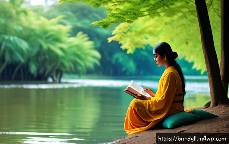 디지털 디톡스 캠프와 관련된 추천 도서 - A serene outdoor scene featuring a Bengali person sitting peacefully by a riverside in a lush green ...