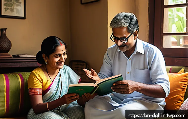 디지털 디톡스 캠프 나만의 비전 설정하기 - A serene Bengali family scene in a cozy living room, where a middle-aged Bengali man and woman are h...