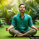 Home 18 디지털 디톡스 캠프와 운동의 중요성 - A peaceful scene of a Bengali man practicing mindful meditation outdoors in a lush green garden, wea...