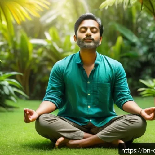 Home 30 디지털 디톡스 캠프와 운동의 중요성 - A peaceful scene of a Bengali man practicing mindful meditation outdoors in a lush green garden, wea...
