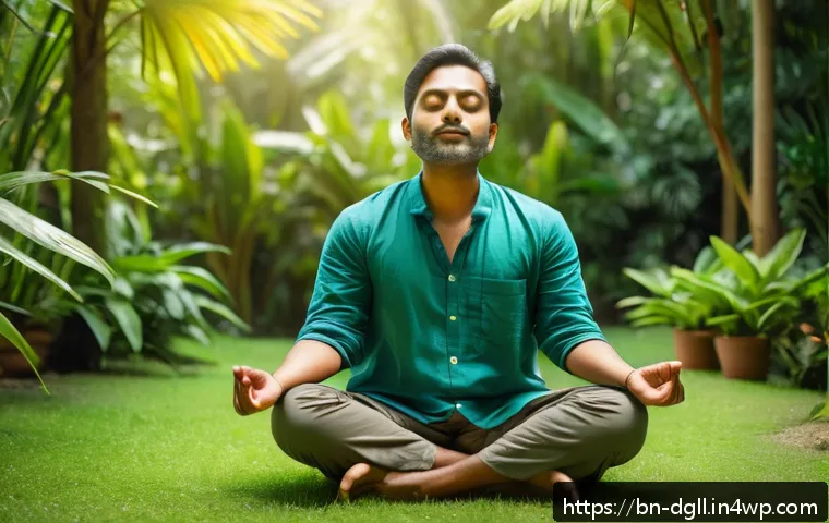 디지털 디톡스 캠프와 운동의 중요성 - A peaceful scene of a Bengali man practicing mindful meditation outdoors in a lush green garden, wea...