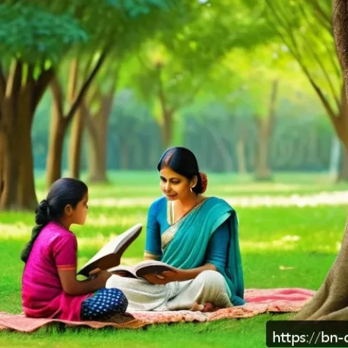 Home 17 디지털 디톡스 캠프 여름 휴가로서의 가능성 - A serene outdoor scene showing a Bengali family enjoying a digital detox day in a lush green park, s...