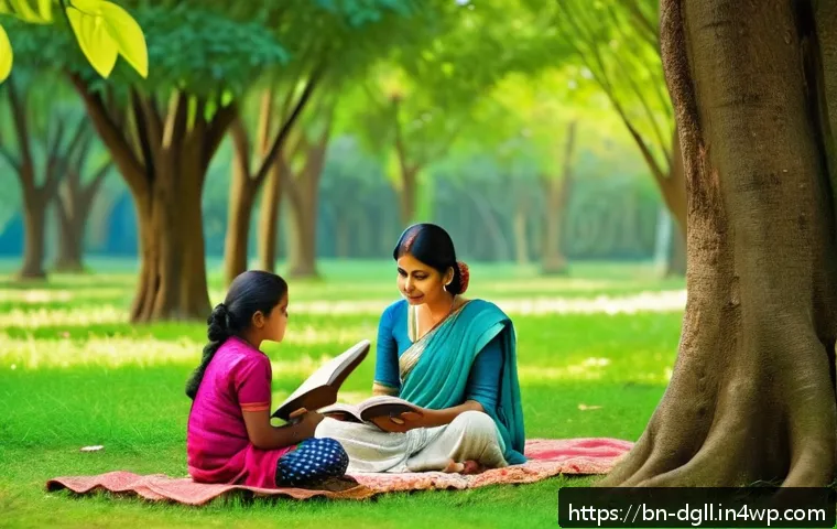 디지털 디톡스 캠프 여름 휴가로서의 가능성 - A serene outdoor scene showing a Bengali family enjoying a digital detox day in a lush green park, s...