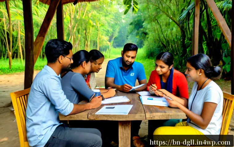 Home 30 디지털 디톡스 캠프에서의 직업적 성장 기회 - Photorealistic digital detox career retreat in Bangladesh, diverse young Bengali professionals in ca...