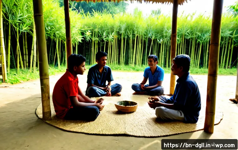 디지털 디톡스 캠프에서의 소셜 스킬 향상 - Photorealistic digital detox camp workshop in rural Bangladesh, a small diverse group of Bengali you...